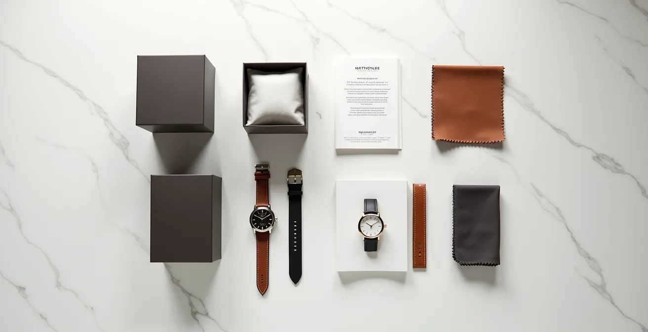 Montres de luxe neuves et d'occasion côte à côte avec certificats et boîtes d'origine