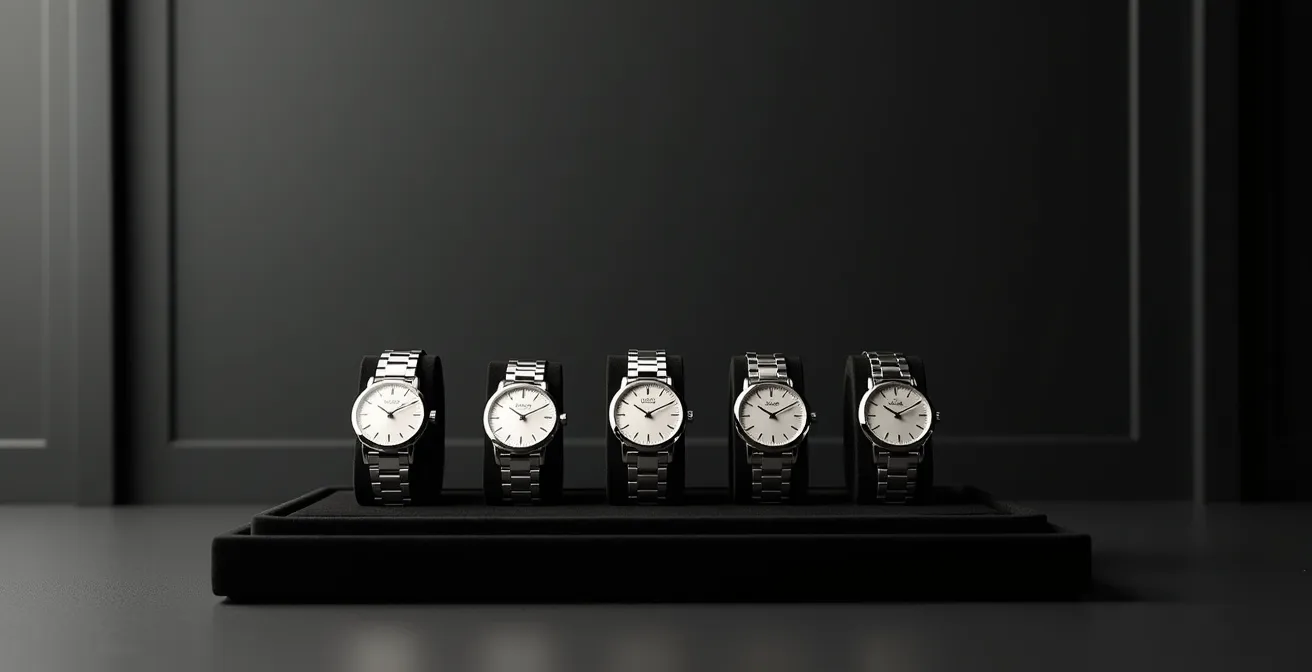 Collection de montres en platine disposées élégamment sur un plateau en velours noir