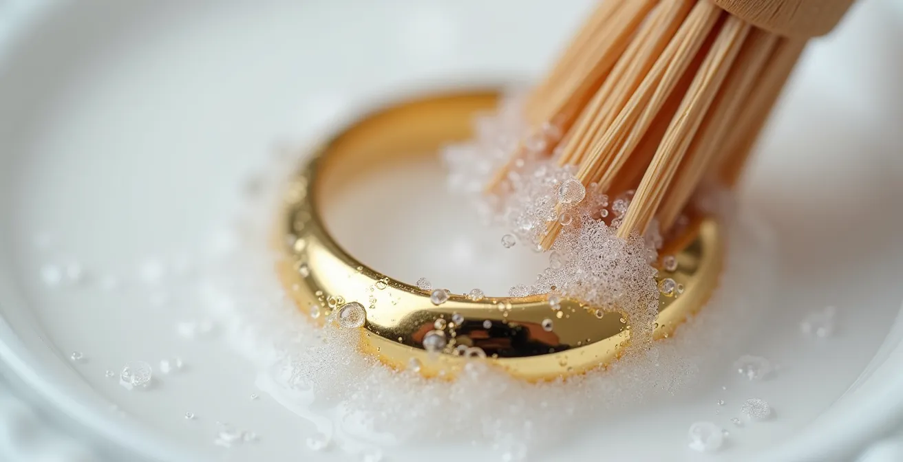 Gros plan sur une brosse à dents nettoyant délicatement un bijou en or