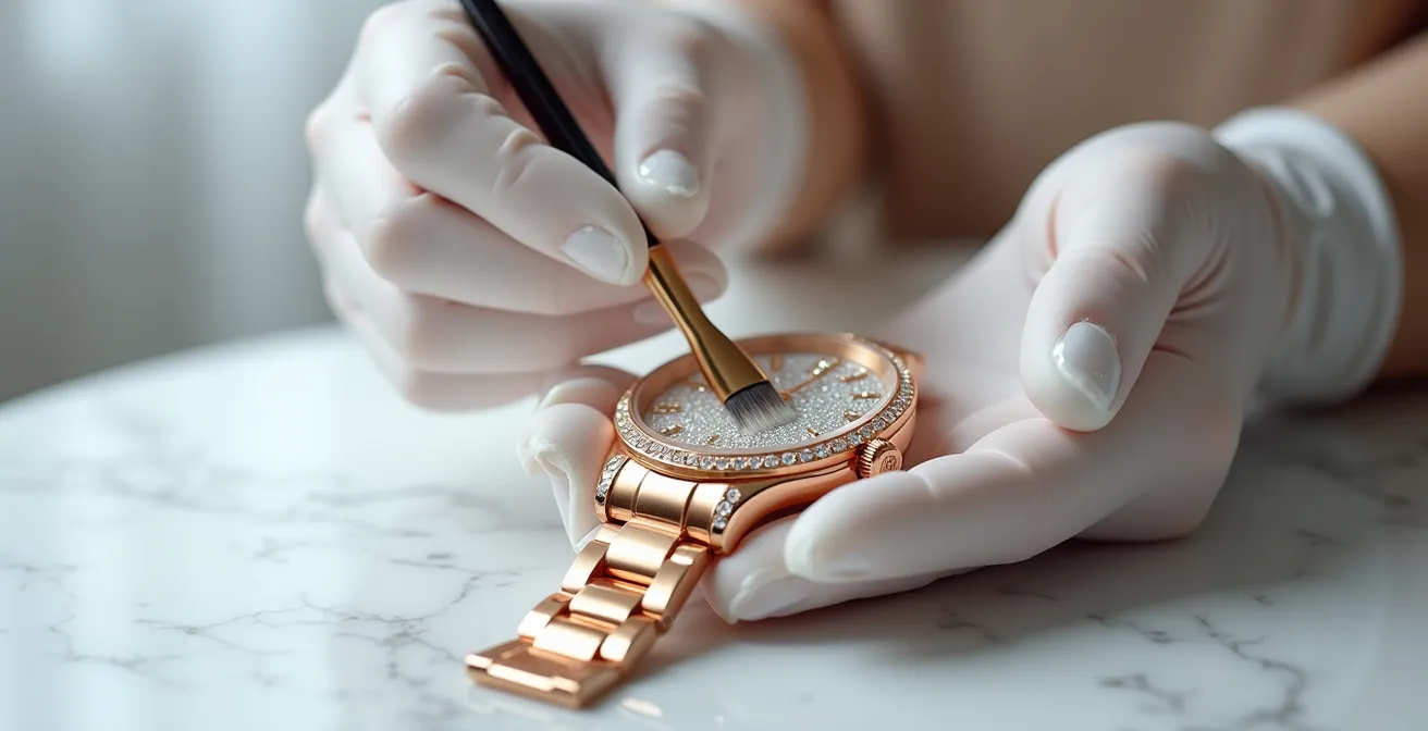 Nettoyage minutieux d'une montre sertie avec une brosse en soie ultra-douce