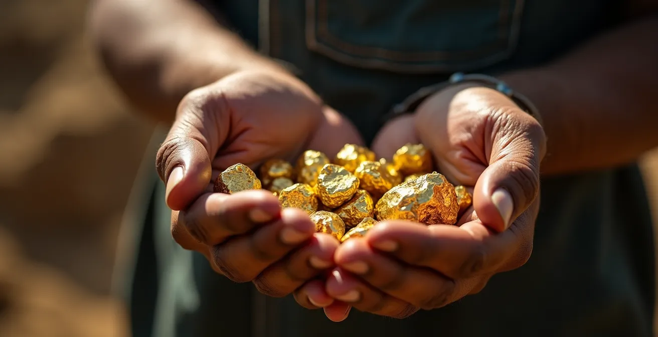 Mains d'artisan mineur tenant délicatement des pépites d'or brut