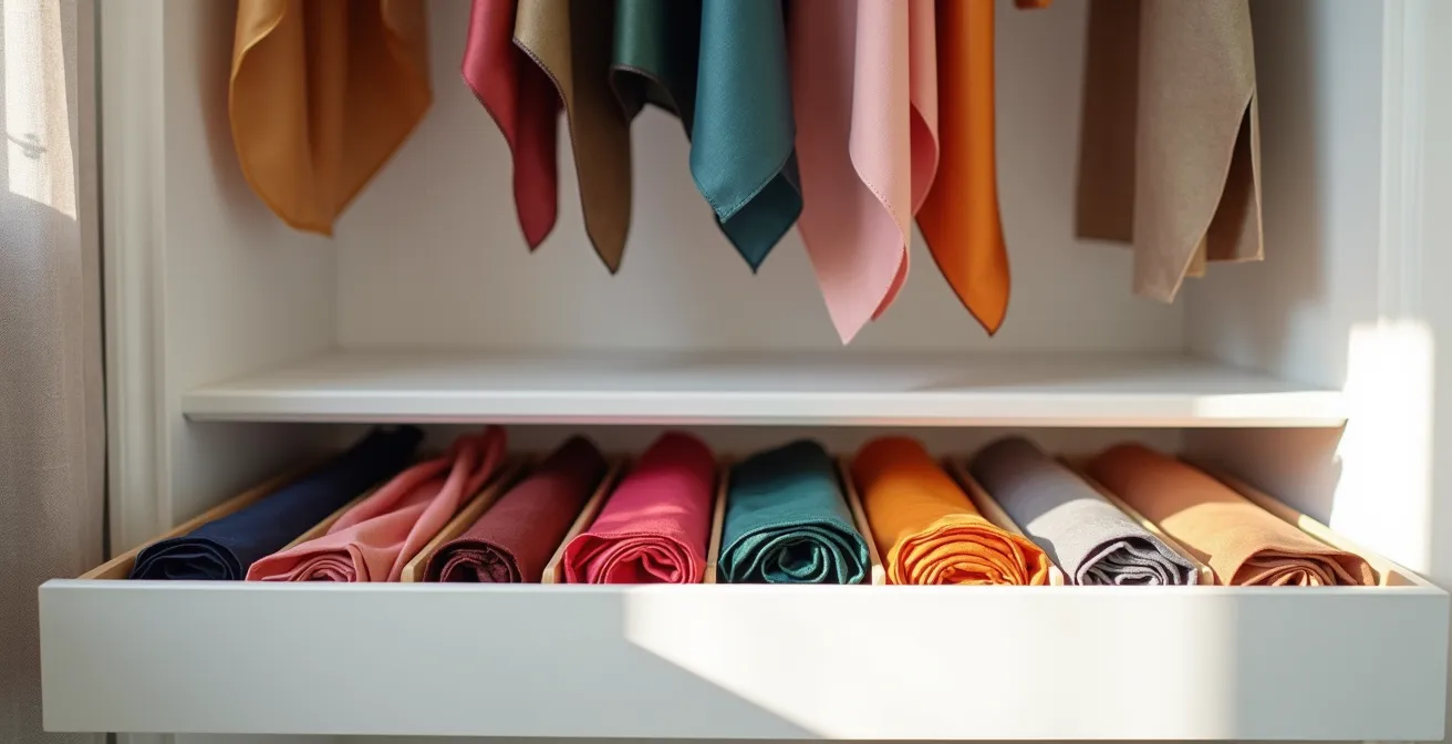Système de rangement élégant pour carrés de soie dans un dressing minimaliste