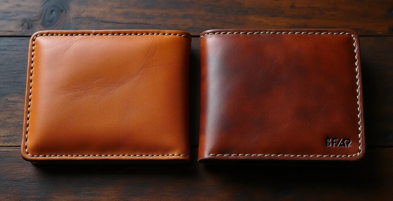 Comparaison côte à côte d'un portefeuille en cuir neuf et du même portefeuille patiné après 10 ans d'usage, montrant un enrichissement de la couleur.