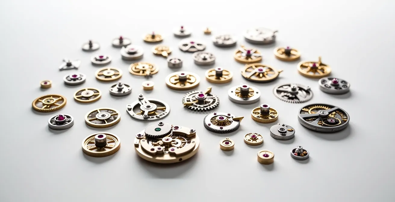 Vue éclatée d'un mouvement horloger montrant la position des rubis synthétiques rouges aux points de friction