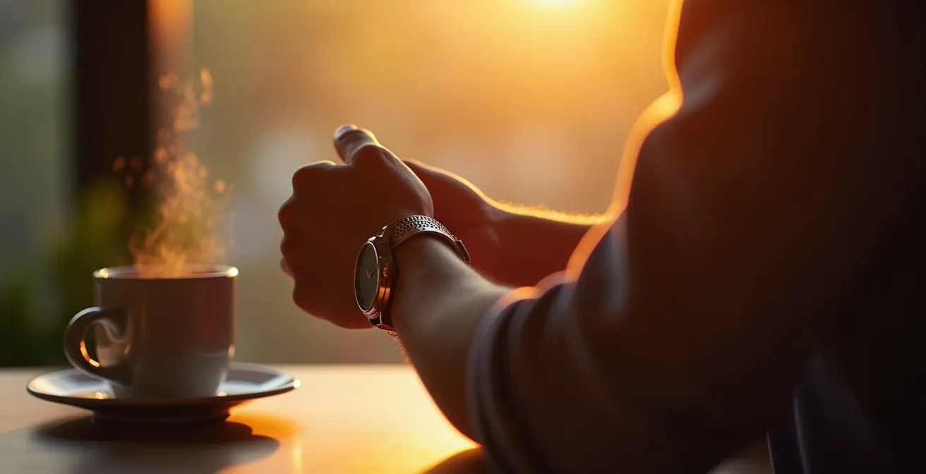 Mains masculines effectuant le geste délicat du remontage d'une montre mécanique dans une lumière matinale dorée