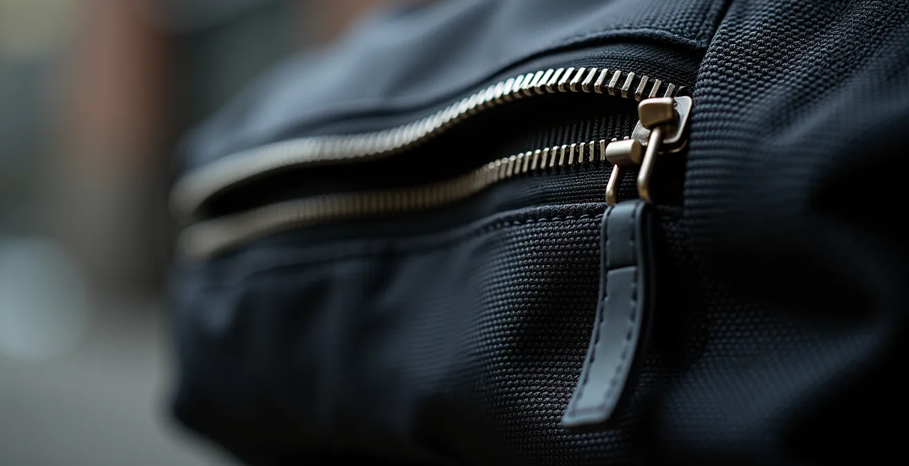 Gros plan sur les détails de sécurité d'un sac urbain avec fermetures dissimulées