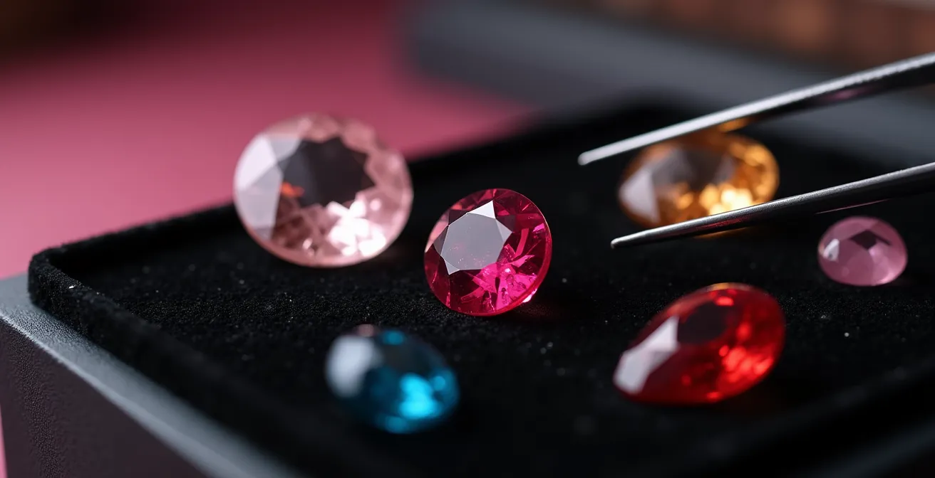 Macro de pierres précieuses rares disposées sur plateau de velours noir