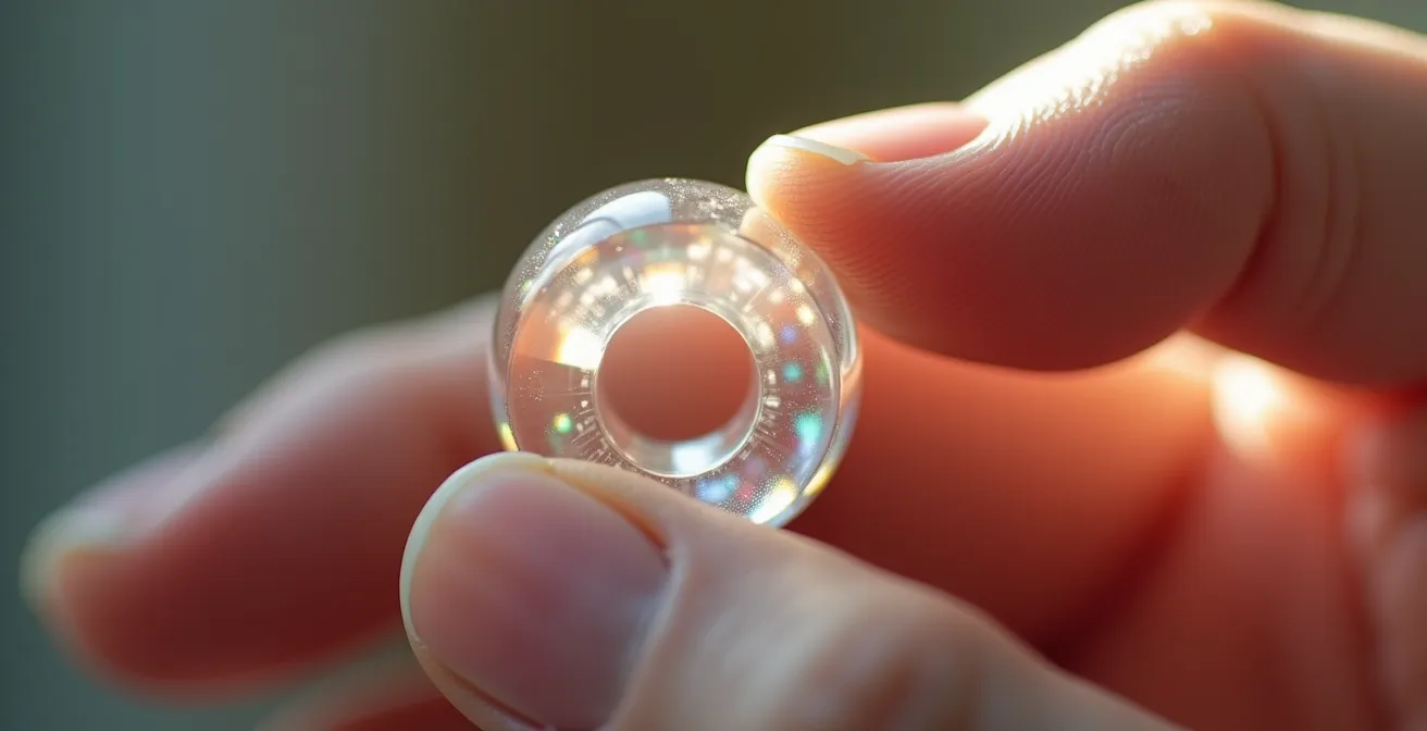 Vue macro d'une main tenant un prototype de bague transparente avec mise en évidence virtuelle du centre de gravité