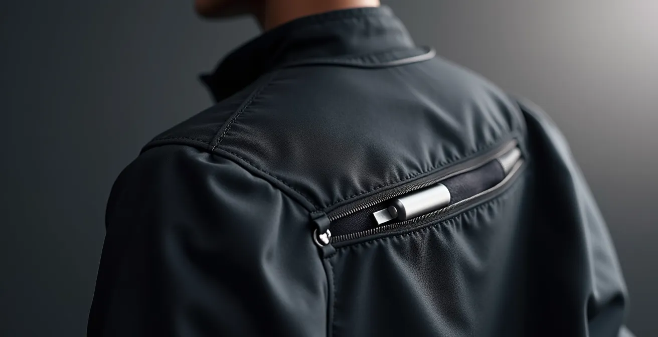 Gros plan sur un système de batterie USB-C intégré dans une veste technique