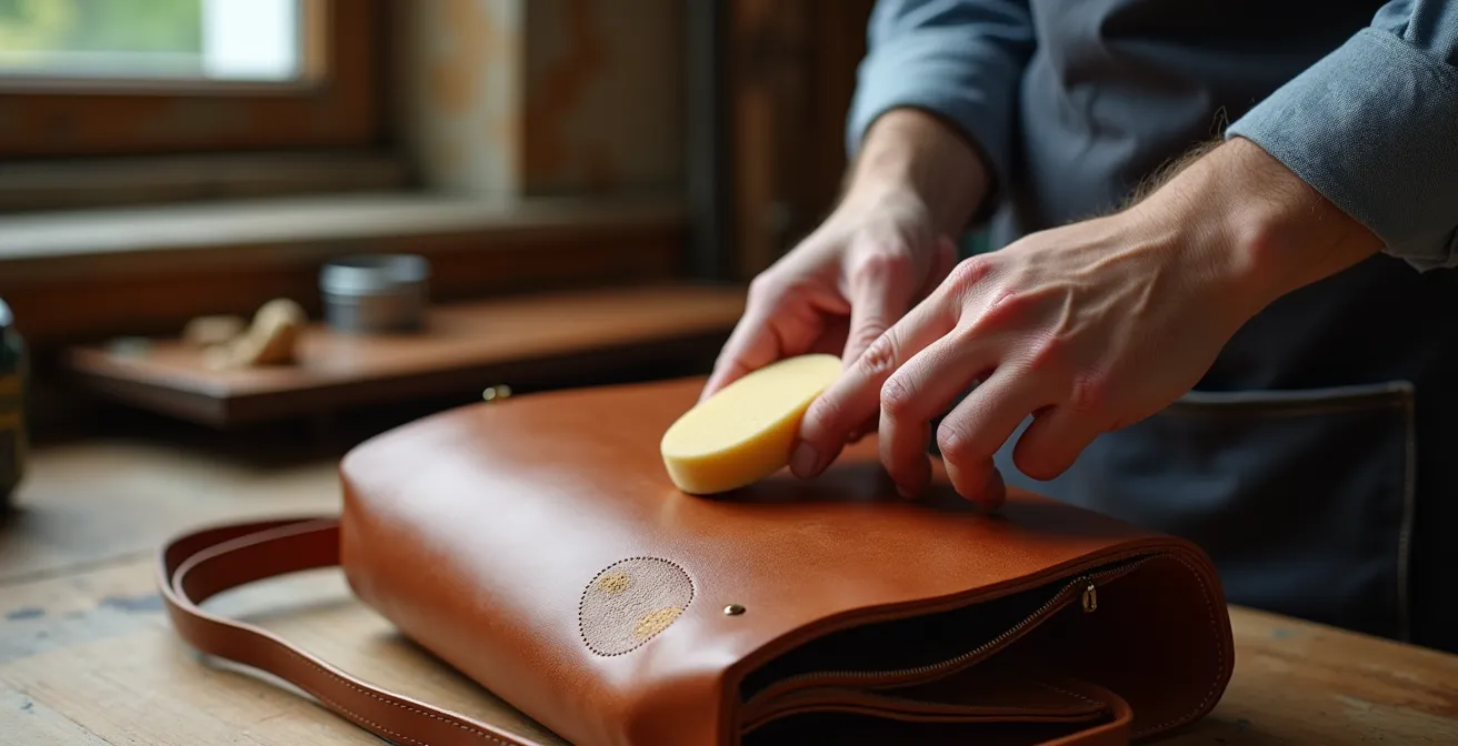 Mains expertes appliquant délicatement une éponge humide sur un sac en cuir taché pour estomper une auréole.