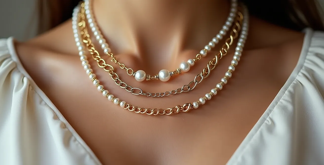 Superposition élégante de trois colliers dorés de différentes longueurs et textures