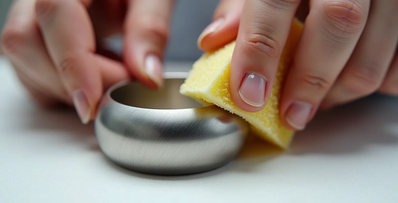 Mains expertes polissant délicatement une bague en acier avec une éponge