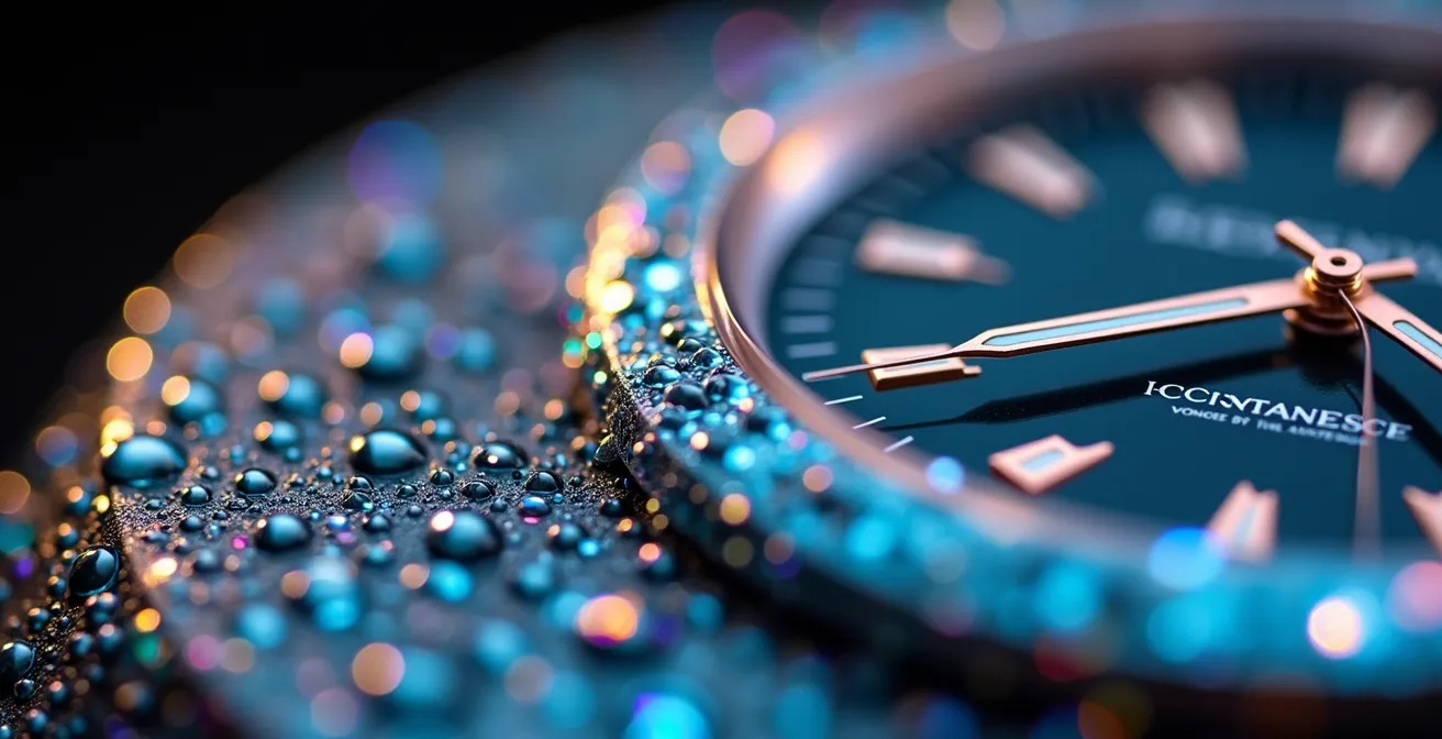 Test d'étanchéité d'une montre de luxe avec gouttelettes d'eau en macro