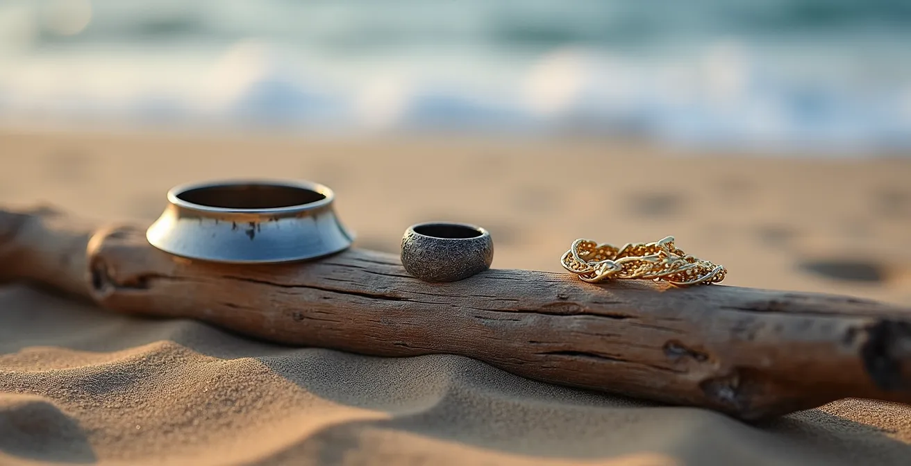 Comparaison visuelle de trois bijoux après exposition à l'eau salée montrant l'acier intact