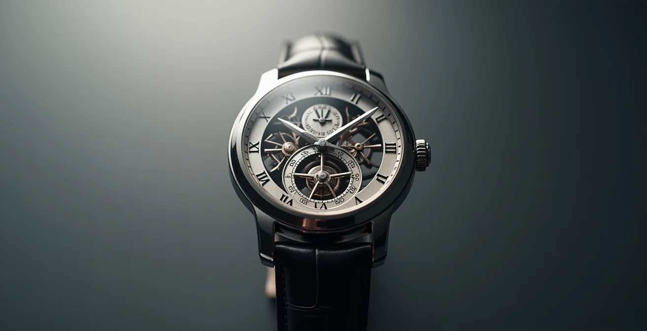 Vue plongeante sur un tourbillon en rotation dans une montre squelettée, montrant le ballet mécanique des composants